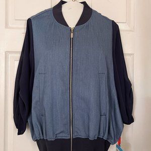Chambray Blue Light Bomber-Style Jacket with Sheer Sleeves